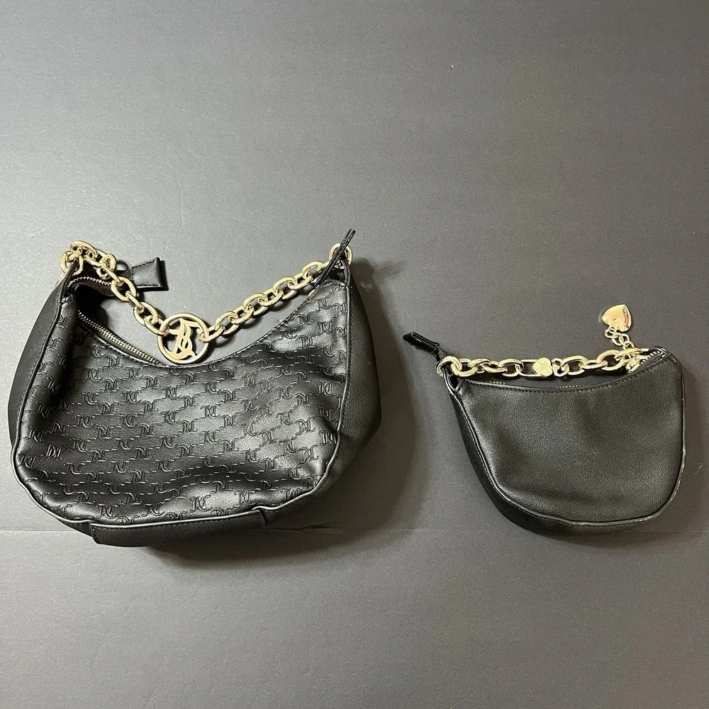 Juicy Couture Black Embossed Logo Chain Strap Hobo Bag Purse Set 2 Piece Y2K